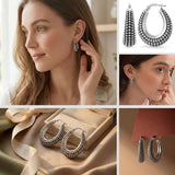 LeCalla 925 Sterling Silver Caviar Hoop Earrings Medium Oval Antique Oxidized Lightweight Click-Top Beaded Hoops for Women - 27MM