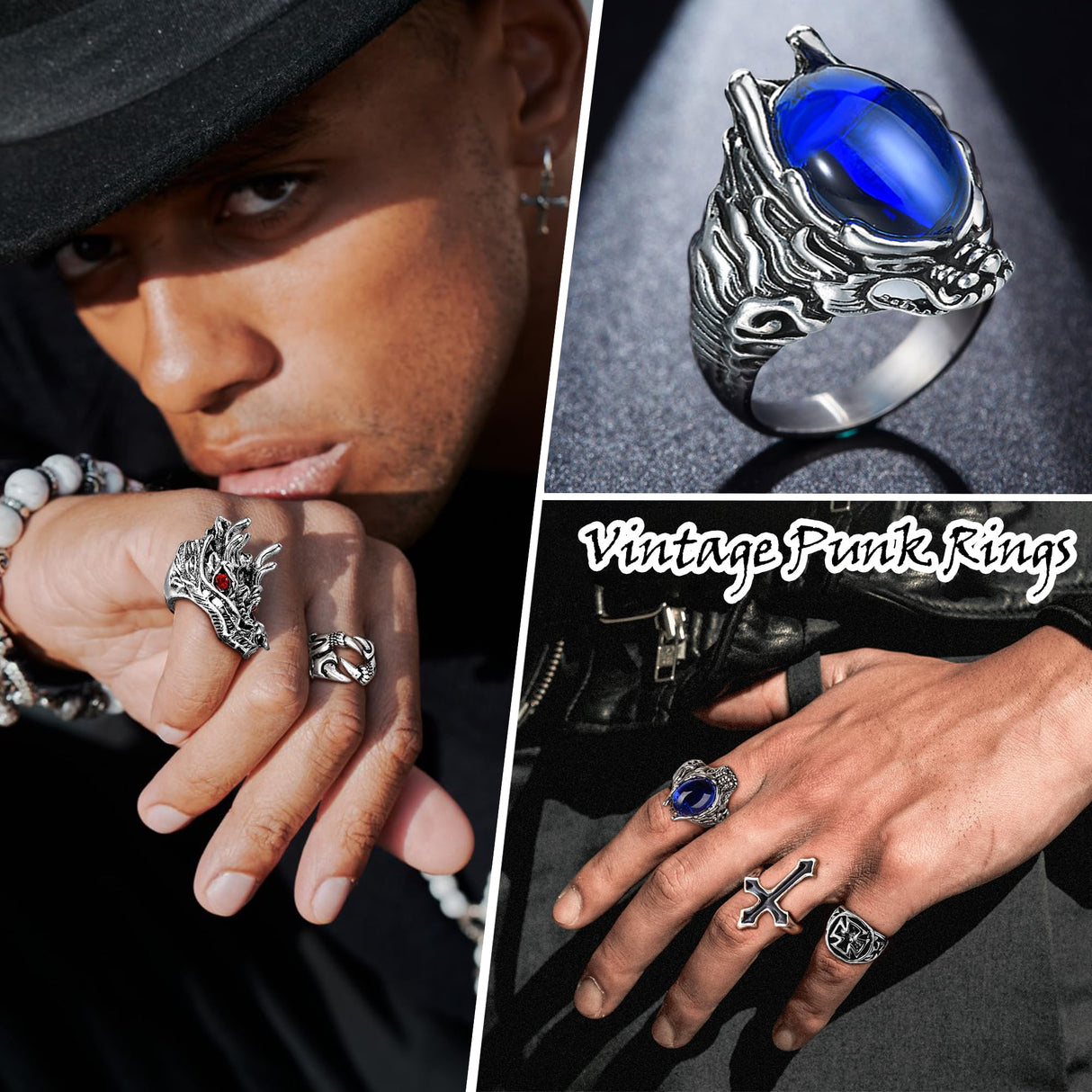 EIELO 24Pcs Vintage Punk Rings Set for Men Cool Gothic Chunky Rings Statement Snake Claw Skull Dragon Eyes of Hell Open Boho Ring Set
