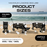 Beach Wagon with Big Wheels for Sand - Heavy Duty Collapsible Folding Utility Wagon Cart 300lb Capacity with 9” All-Terrain Pneumatic Tires & Cup Holders - Portable Garden Camping Outdoor Cart (Black)