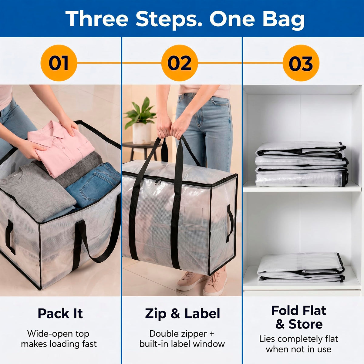 ClearSpace Heavy Duty Moving Bags - Water Resistant Storage Bags with Backpack Straps, Zippers and Handles - Large Moving Boxes for College Dorm, Travel, Closet Organization - 6 Pack, Clear
