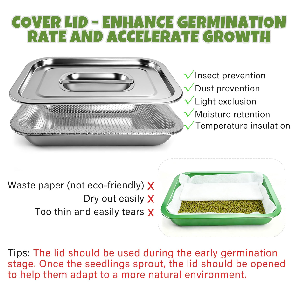 2 Pack Stainless Steel Seed Sprouter Trays, 2-Tier Soil-Free Microgreens Growing Kit, Sprouting Tray with Cover Lids & Mesh Pads for Sprouts Beans Alfalfa Wheatgrass (10.6" * 7.9" * 1.9")