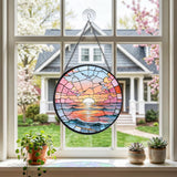 Hanging Stained Glass for Windows,20cm/7.87inch Sea Sunrise Stained Glass Suncatcher with Chain Garden Diamond Glass Panel Hangings Decoration for Home Decor Gifts for Family Friends Colleagues