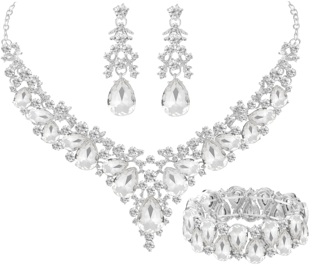 Paxuan Elegant Bridal Wedding Jewelry Set for Women / Brides / Bridesmaids Teardrop Crystal Leaf Cluster Jewelry Set for Wedding Prom Party Bridal Bridesmaids Rhinestone Crystal Necklace Earrings Bracelet Set (White(Silver))
