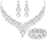 Paxuan Elegant Bridal Wedding Jewelry Set for Women / Brides / Bridesmaids Teardrop Crystal Leaf Cluster Jewelry Set for Wedding Prom Party Bridal Bridesmaids Rhinestone Crystal Necklace Earrings Bracelet Set (White(Silver))