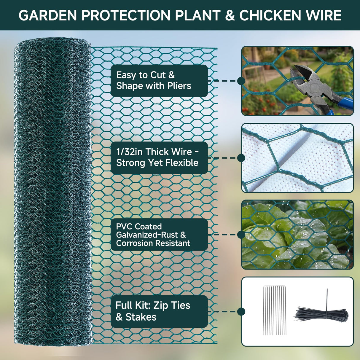 16in X 49.2Ft Chicken Wire Fencing Plant Protectors from Animals Green Roll