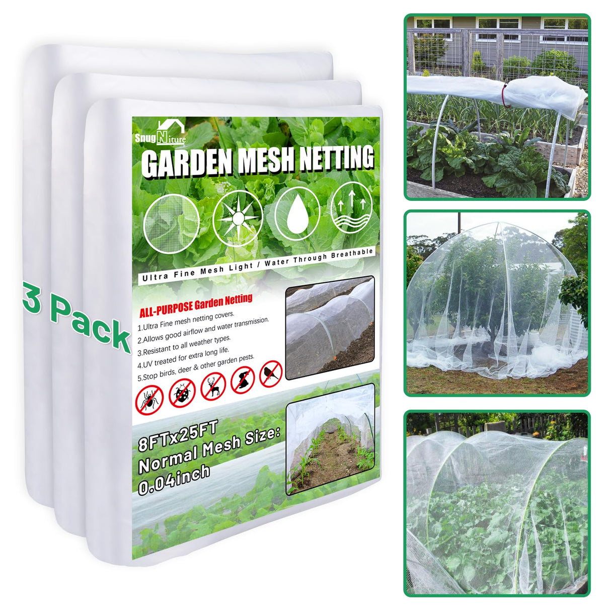 SnugNiture Garden Netting, Ultra Fine Mesh, 8x24 FT, White, 3 Pack