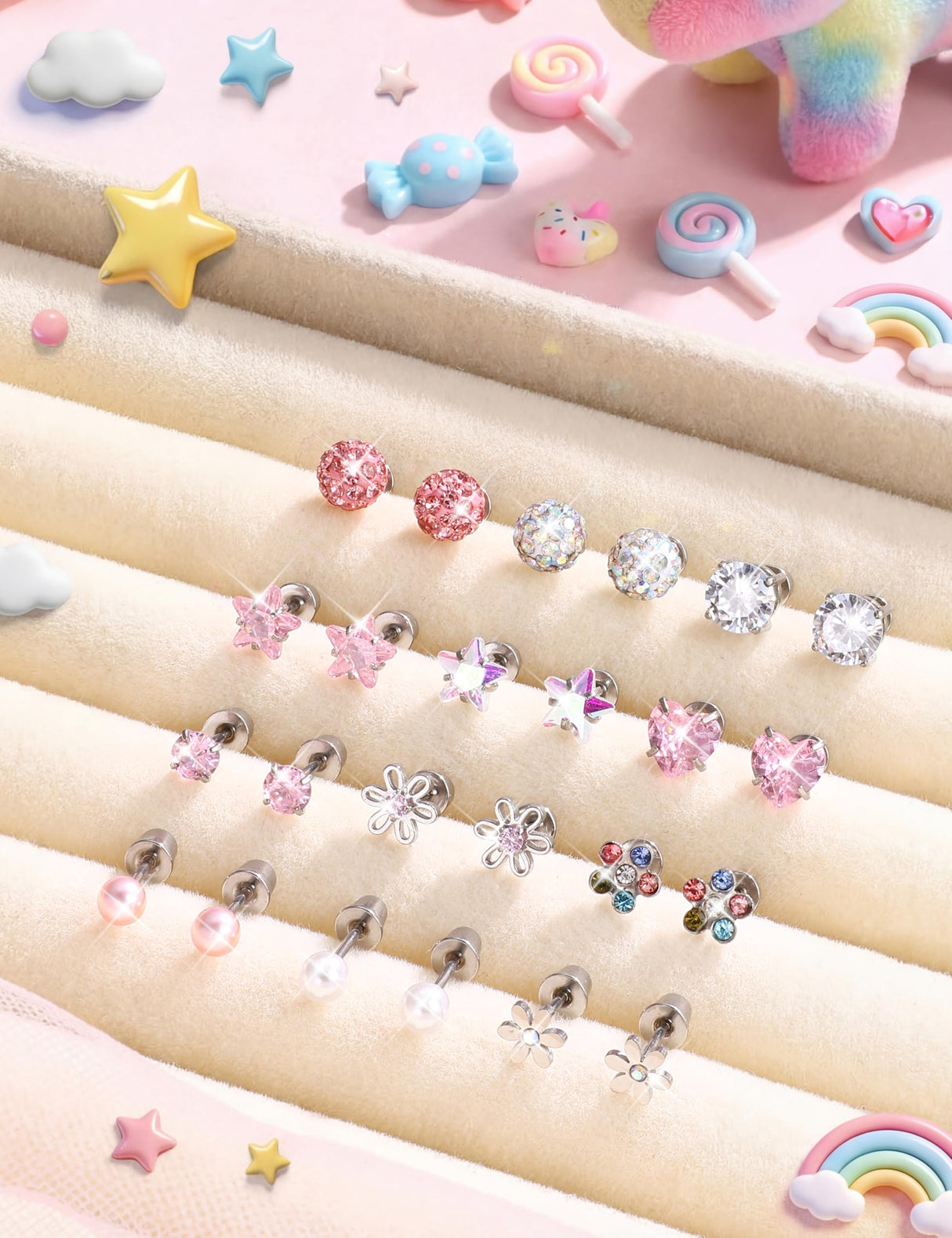 SAILIMUE 12 Pairs Hypoallergenic Screw Back Earrings for Women Girls Surgical Steel Cute Heart CZ Flower Pearl Ball Tiny Screwback Stud Earring