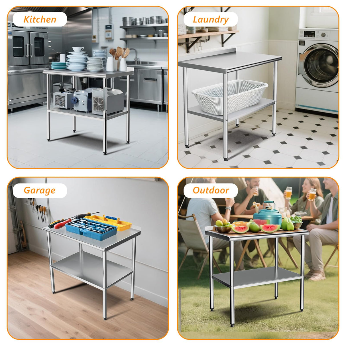 ROVSUN 36'' x 24'' Stainless Steel Table for Prep & Work,Commercial Worktables & Workstations, NSF Heavy Duty Metal Table with Adjustable UnderShelf & Backsplash for Kitchen, Restaurant,Home,Hotel