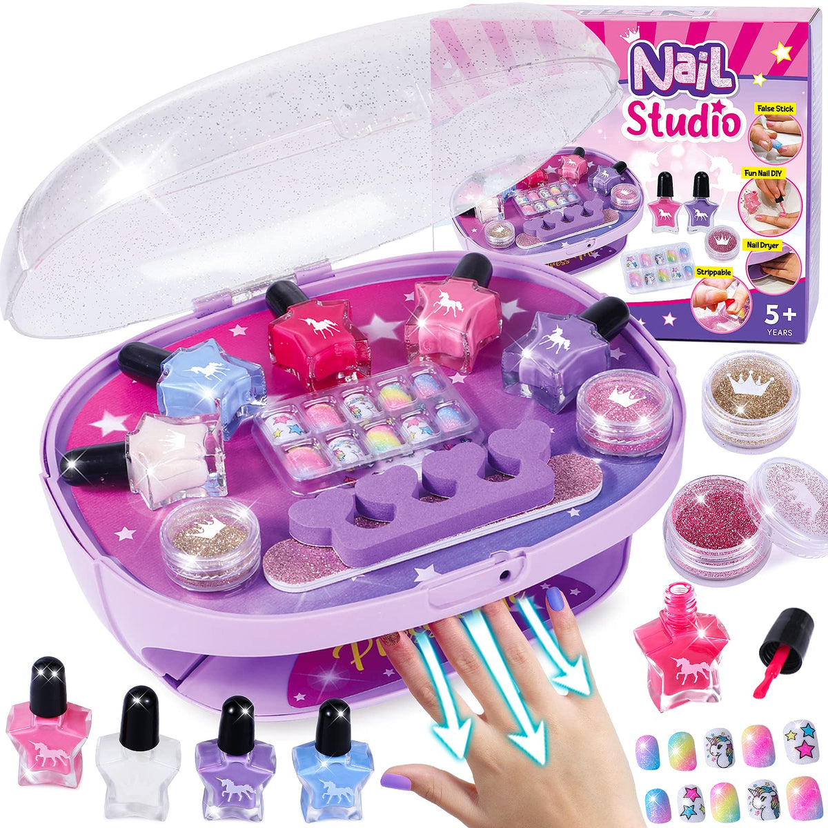 Golray Kids Nail Polish Set for Girls, All-in-One Nail Art Kit - Dryer/ Glitter Powder/ False Nails/ Nail Decals/ Toe Separator/File, Age 3-12 Little Girl Gift Toys