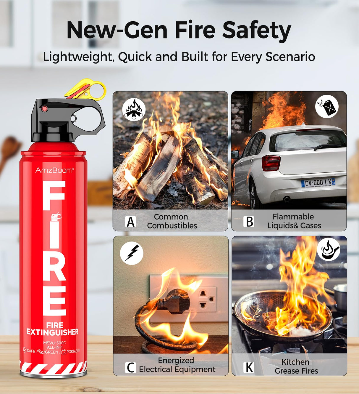 AmzBoom 2-Pack Fire Extinguisher for Home, Kitchen, Car, and Grill with Mounting Bracket– Extinguishing Spray, Compact A, B, C, K – Eco-Friendly, Prevents Reignition.