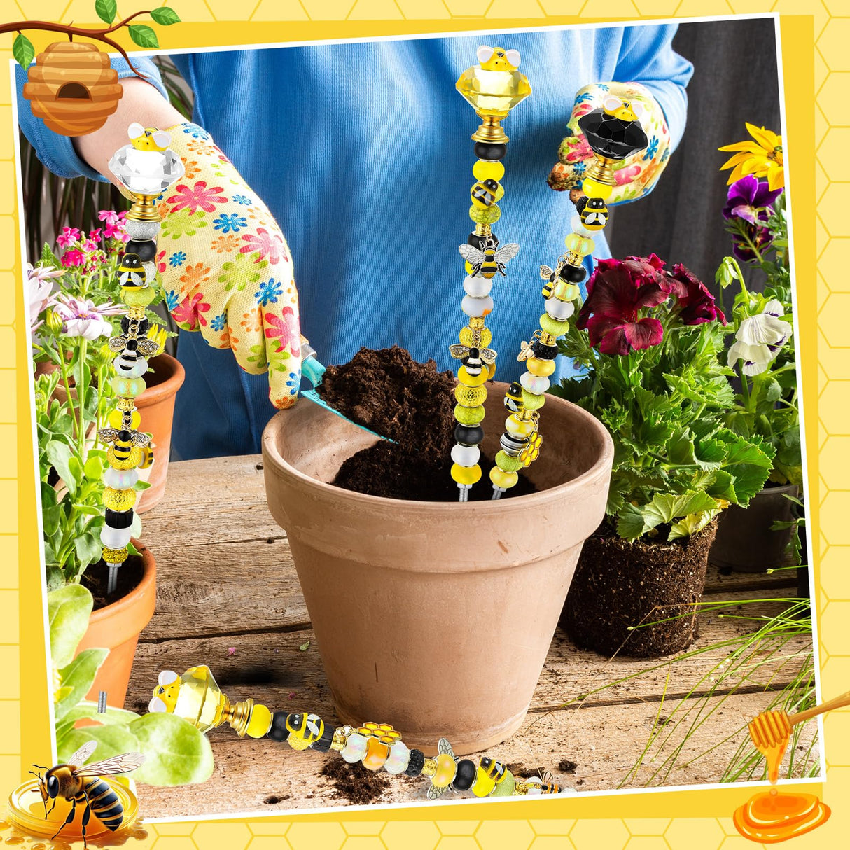Lineshading 118 Pcs Bee Garden Stakes Fairy Wand DIY Beaded Stakes Garden Decor Includes 4 Crystal Stopper Top 10 Bee Pendant 68 Large Hole Beads 4 Threaded Rods 4 Pcs Nuts, for Craft Supply