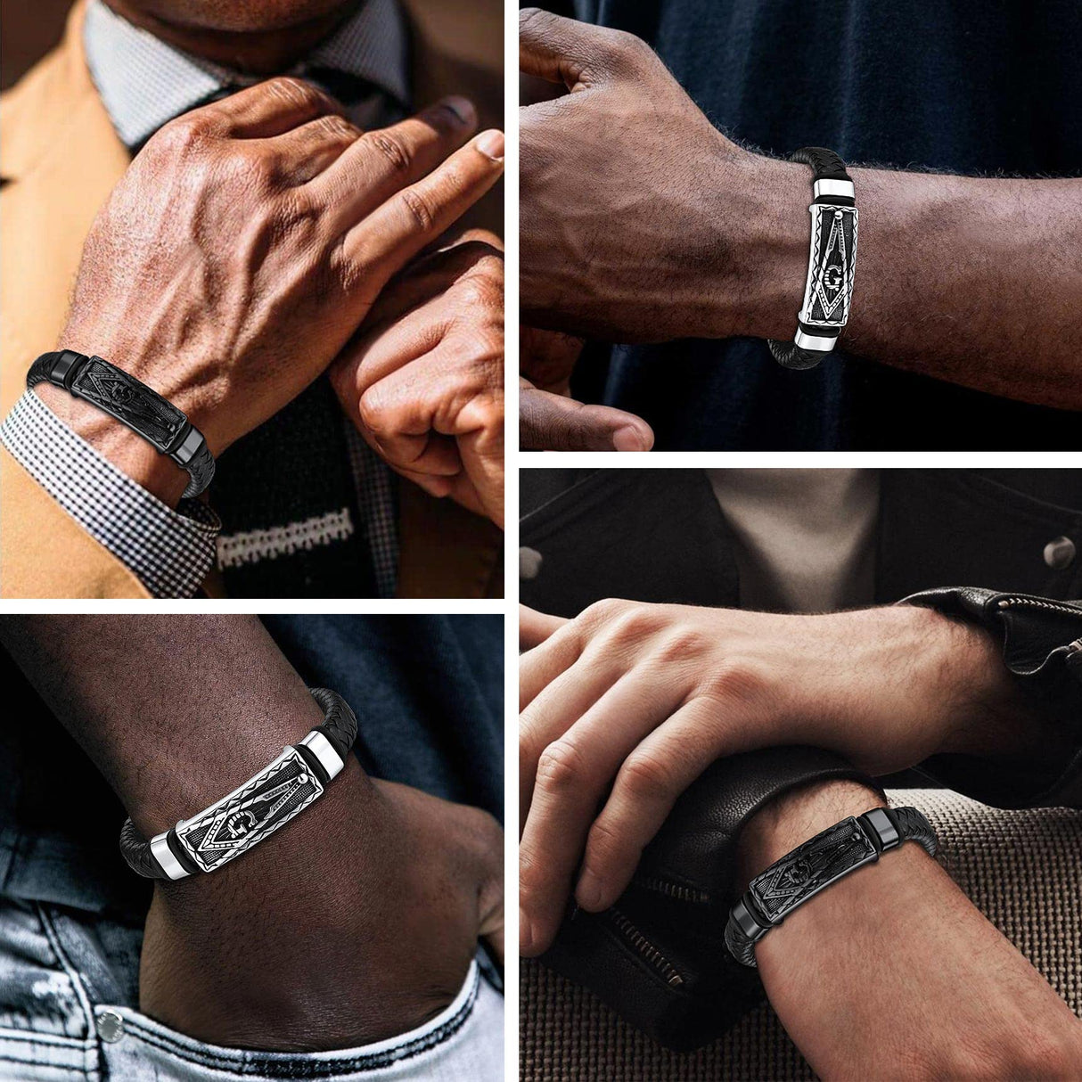 Bestyle Solid Black Freemason Symbol Masonic Leather Braided Bracelets for Men Vintage Cuff Bangle Bracelets Wrist Leather Band With Study Clasp