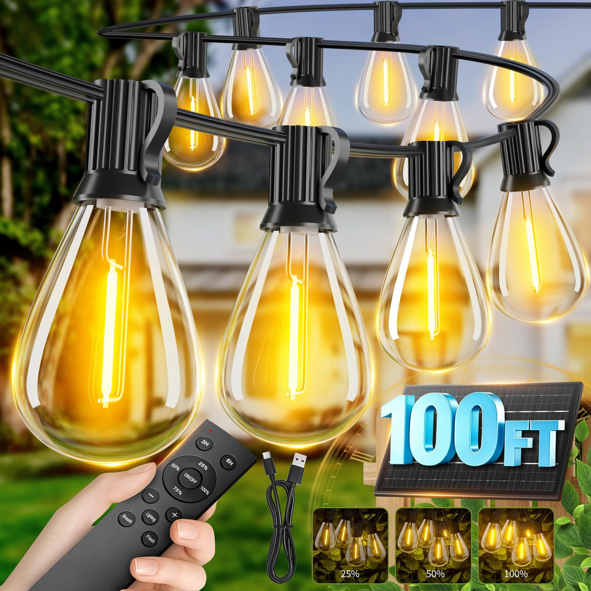 Sikitul 100FT Solar String Lights Outdoor Waterproof, 35+1 LED Solar Powered Lights with Remote Control, 3 Light Modes & Dimmable, USB-C Charging for Patio, Backyard, Garden, Camping