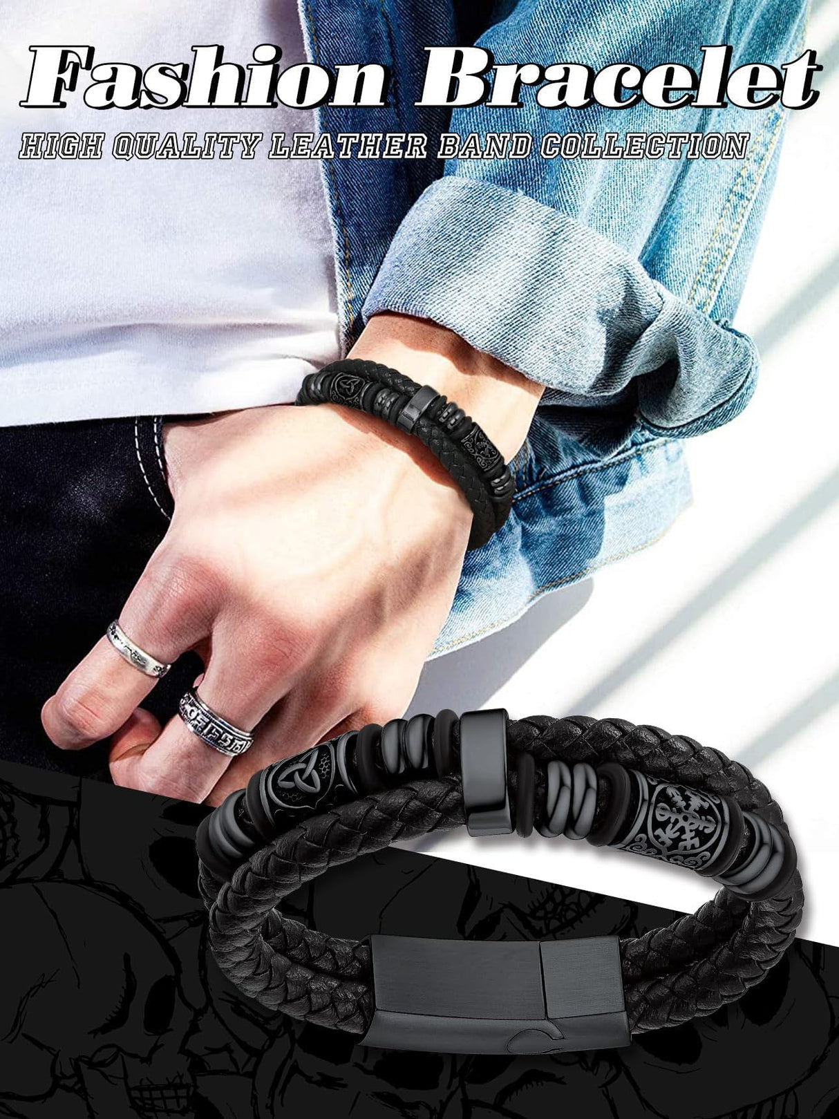 Bestyle Lucky Viking Celtic Bracelet Black Bracelet for Men Double Layer Black Leather Cuff Bracelet, Fashion Punk Retro Men Wristband Leather Bracelet Great Gift for Father Husband, 21cm/8.3 Inch