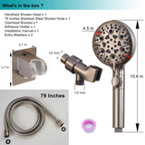 GwernKB Brushed Nickel Shower Heads Handheld with On Off Switch,8-Mode High Pressure Shower Wand with 79In Stainless Steel Hose&Bracket PLUS Low-Reach Adhesive Wall Mount Holder for Kids&Elderly