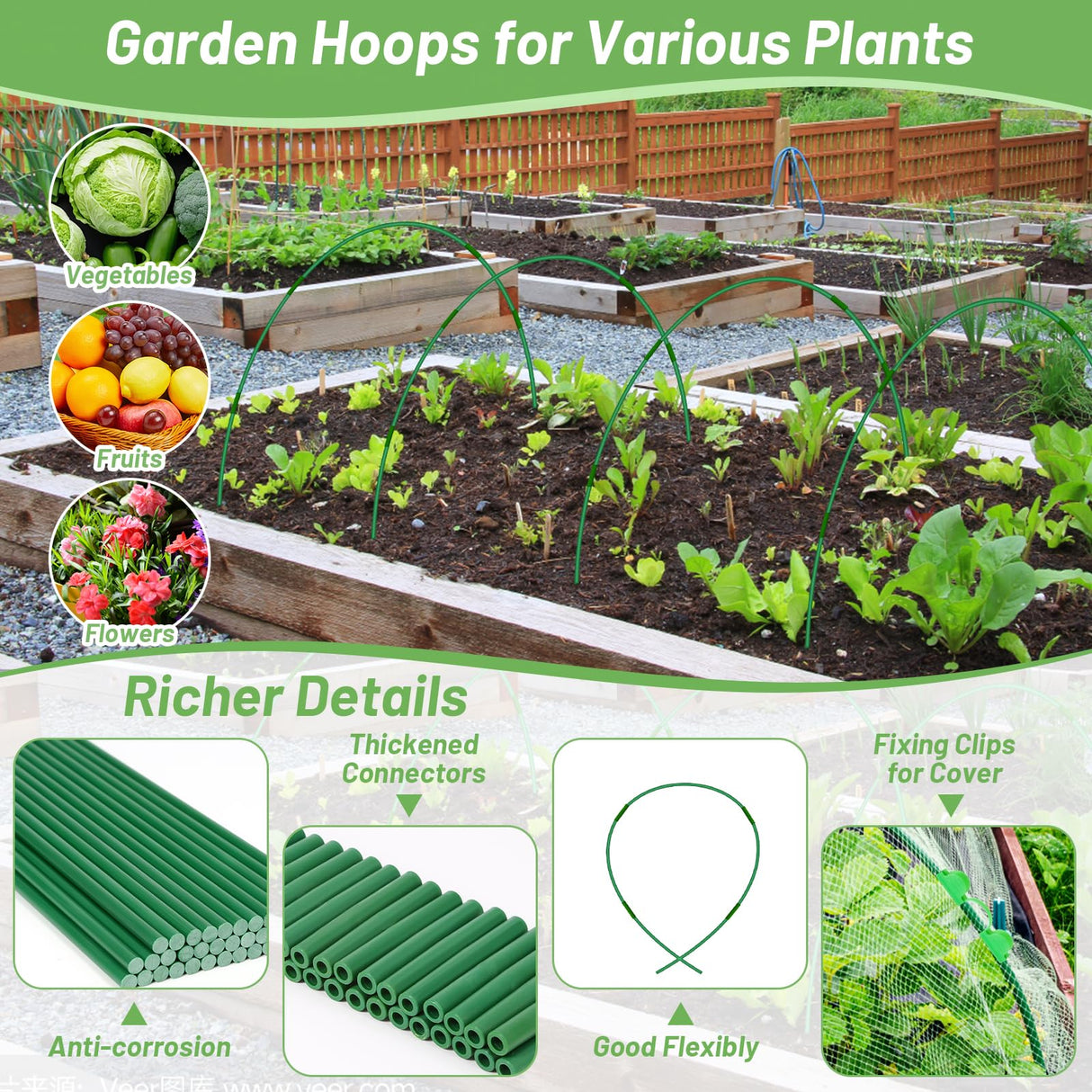 70 PCS Garden Hoops for Raised Beds 14 Sets Garden Tunnel Hoops Greenhouse Hoops Grow Tunnel, Rust-Free Fiberglass Garden Hoops Frame for Netting Shade Cloth Cover