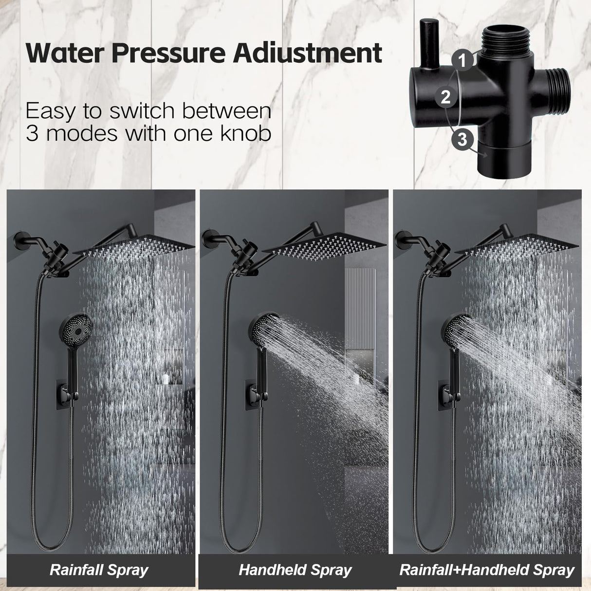 Shower Head, 8 inch Multifunction High Pressure Rain Shower Head with Handheld Spray Combo with 11'' Angle Adjustable Extension Arm/Flow Regulator/Shower System Matte Black