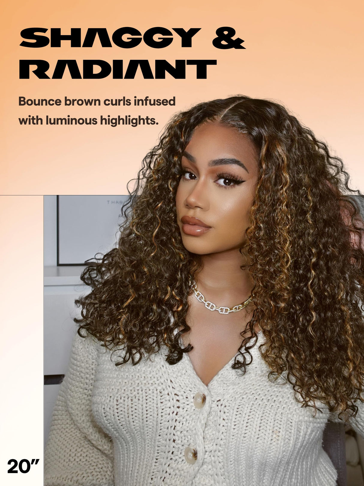 GORGIUS Curly Brown Wig Glueless Highlight Lace Front Wig Pre Plucked Middle Parted Synthetic Wig Upgraded with Premium Human-Hair-Like Fiber 20 Inch