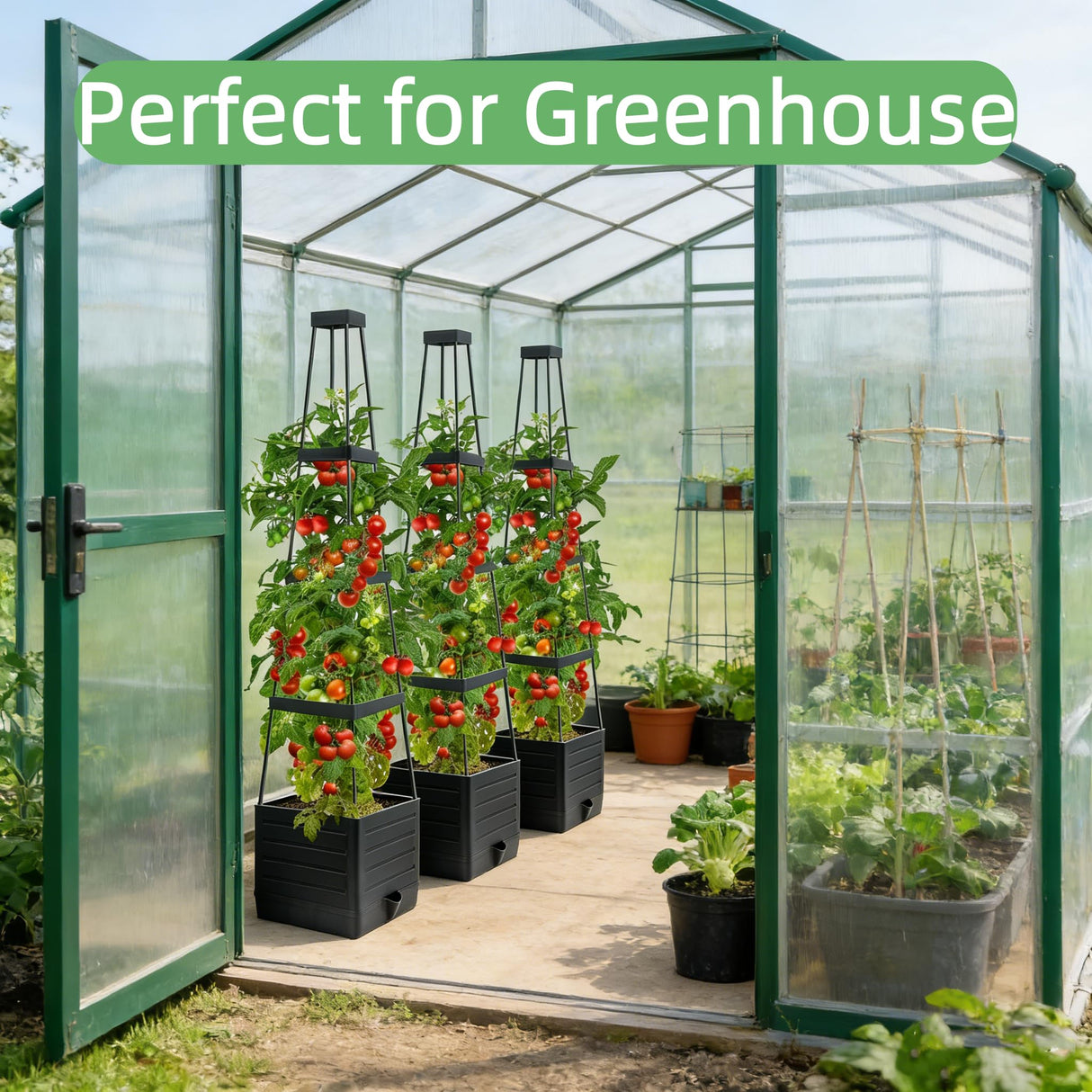 MQUPIN Self Watering Tomato Planter with Trellis, 57" Raised Garden Bed for Climbing Vegetables Vine Flowers, Tomato Cage Plant Support for Indoor Outdoor Patio Greenhouse (1 Pack)