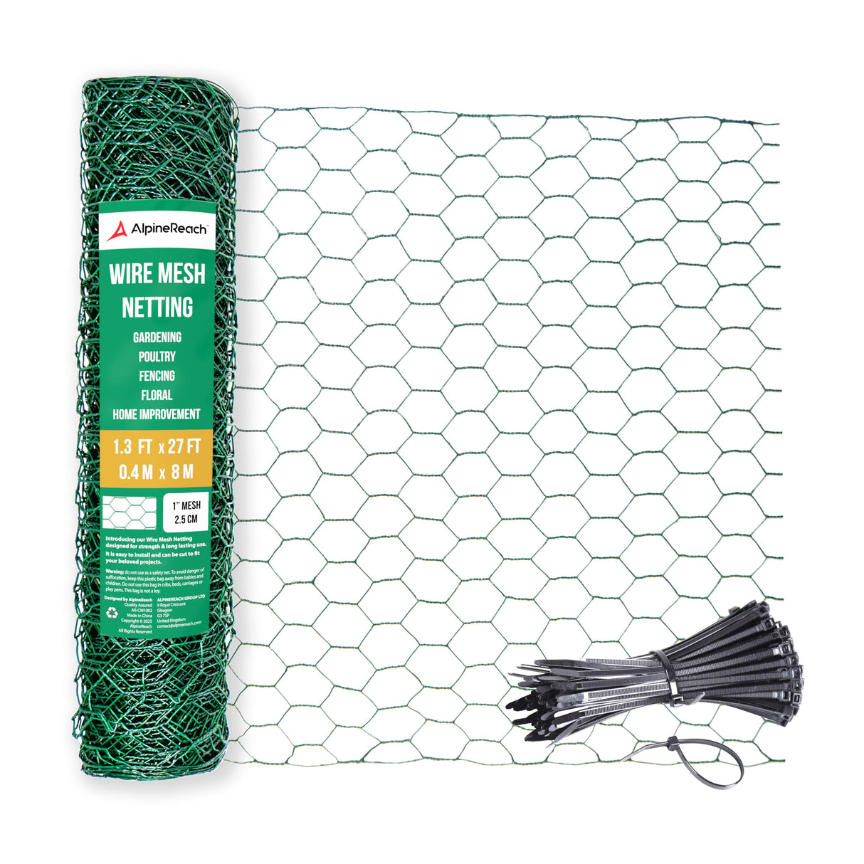 AlpineReach Chicken Wire 1.3ft x 27ft Fencing for Poultry, Crafts, Floral Arrangements, Zip Ties - Green Mesh Roll Galvanized Hexagonal PVC Coated Garden Netting for Gardening Fence (15.6" x 324")
