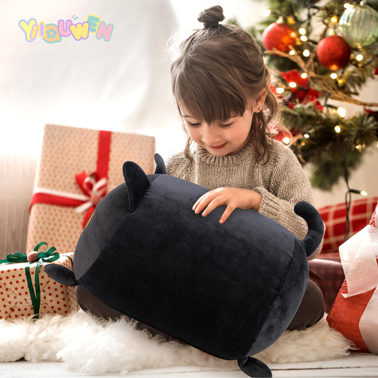 YIIQUWEN Black Cat Plush Cute Cat Stuffed Animal with 4 Baby Soft Pillow Christmas, Thanksgiving, Birthday Gift for Girls Boys Kids Decor