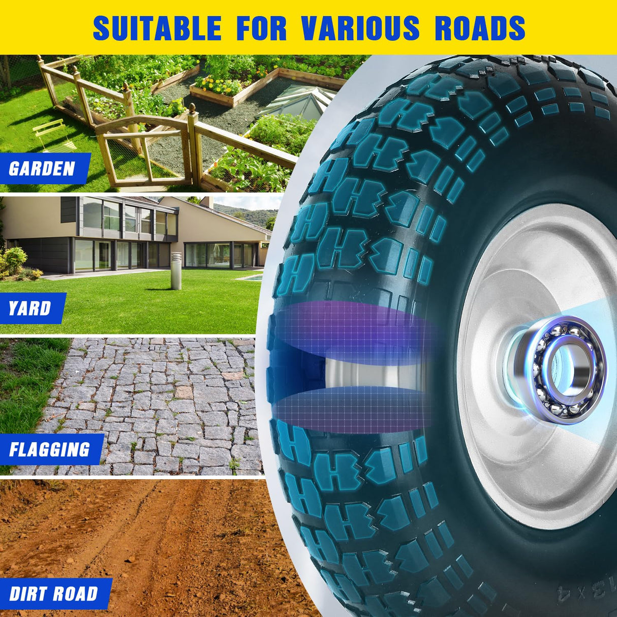 FEILOONG 13 Inch Wheelbarrow Tire Flat Free 4.00-6 Tires, Universal Fit
