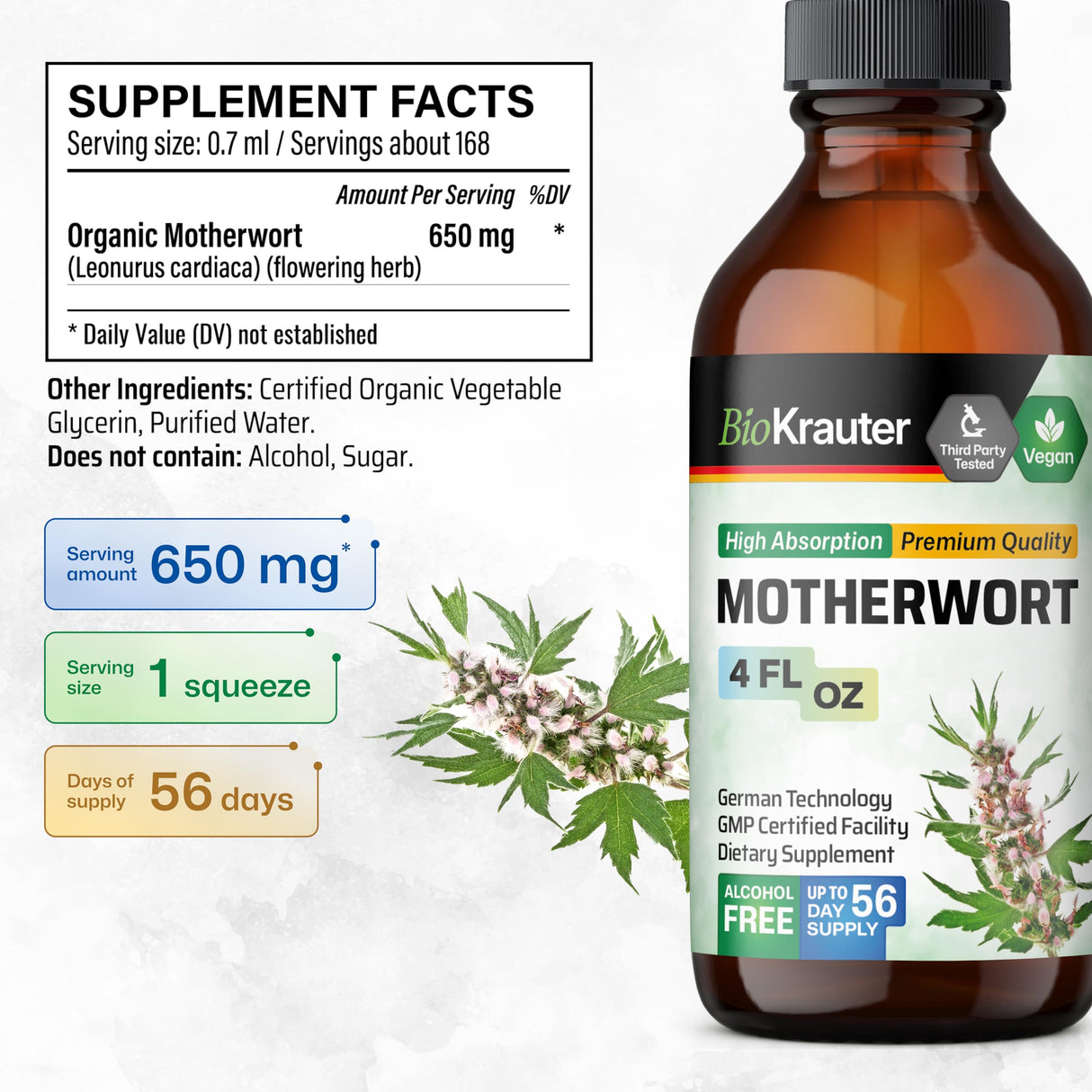 BIO KRAUTER Motherwort Tincture - Motherwort Herbal Extract - Liquid Supplement for Women’s Health - Promote Calm - Alcohol & Sugar Free - Vegan Drops 4 Fl.Oz.