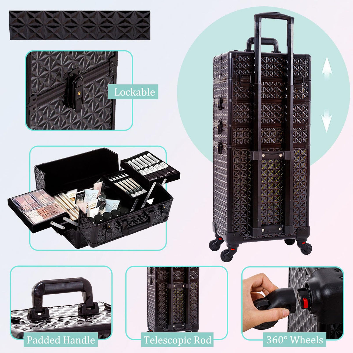 AROUS 5 in 1 Professional Makeup Train Case Aluminum Cosmetic Case Rolling Makeup Case Extra Large Trolley Makeup Travel Organizer, with 360° Swivel Wheels,Black
