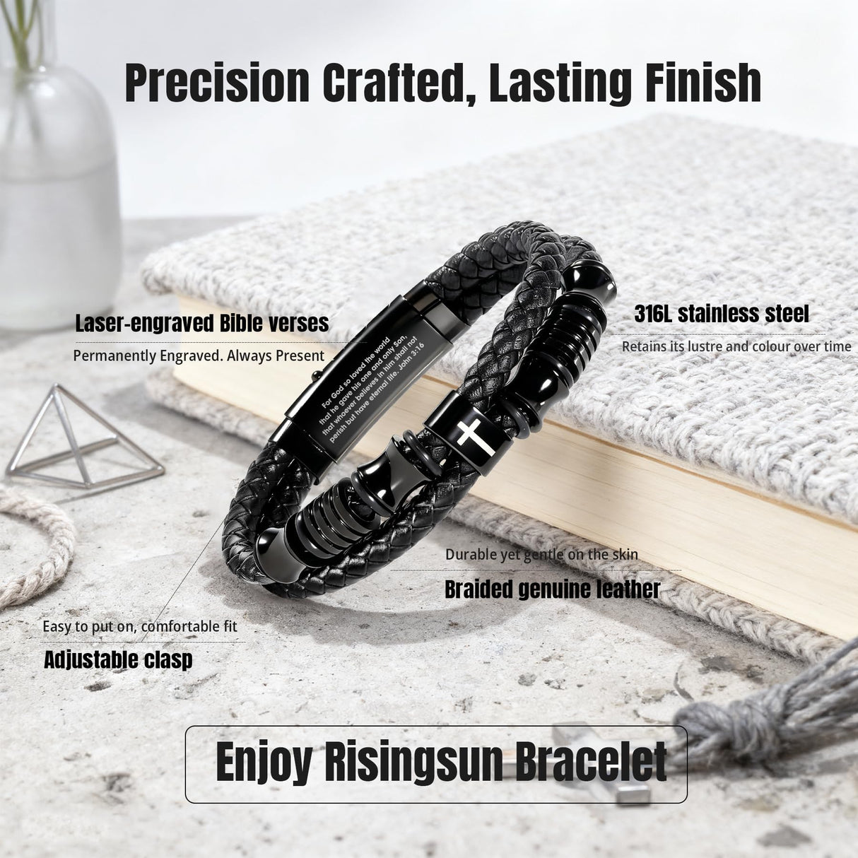 Enjoy Risingsun Bible Verse Christian Bracelet for Men, Adjustable Braided Black Leather Cross Jewelry, Inspirational Religious Faith Gifts for Men, Dad, Son, Husband (Joshua 1:9)