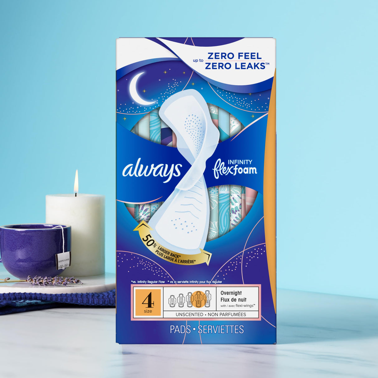 Always Infinity Feminine Pads for Women, Flexfoam Pads with Wings, Size 5, Extra Heavy Overnight Absorbency, Unscented, 66 Count (Packaging May Vary)