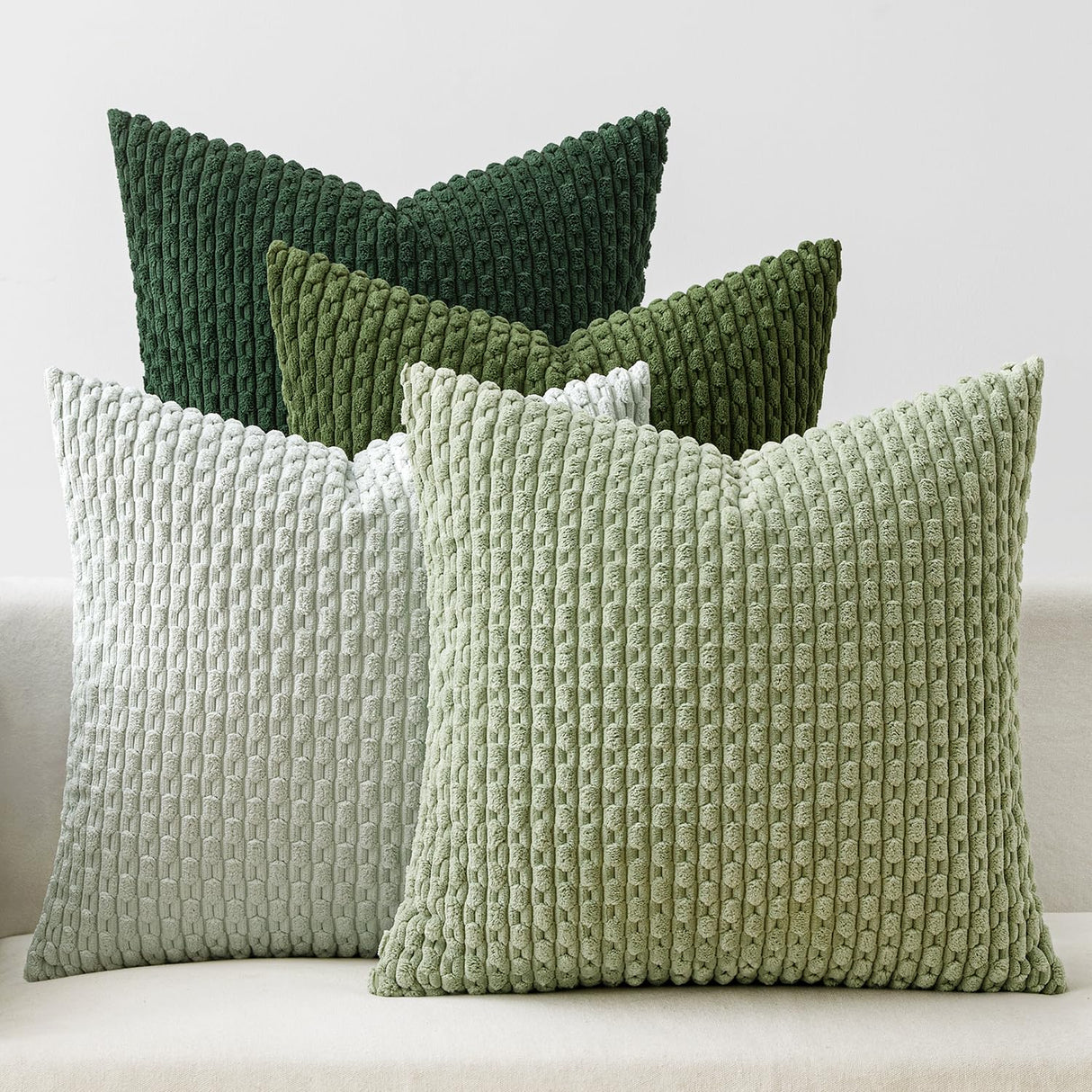 MIULEE Decorative Sage Green Christmas Throw Pillow Covers Soft Couch Set of 4 Boho Striped Cushion Covers Corduroy Pillowcases Farmhouse Home Decor for Couch Bed Sofa Room 18x18 Inch Forest Green