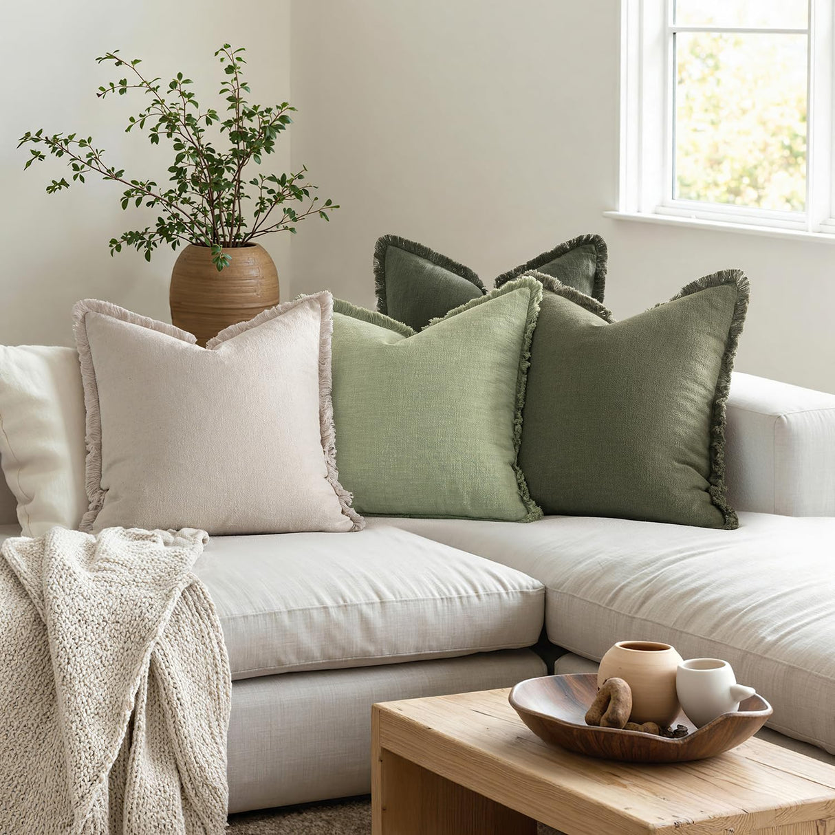 MIULEE Christmas Decorative Couch Pillow Covers Neutral Linen Fringe Throw Pillows Set of 4 Boho Farmhouse Accent Cushions for Bed Sofa Living Room Spring Home Decor 18x18 Inch Beige/Sage Green