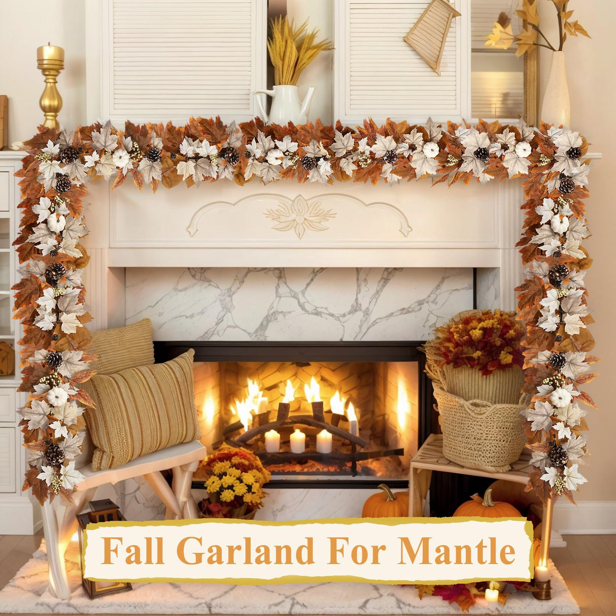6 FT Fall Garland with Lights Automatic ON/Off Fall Leaves Mantle Garland with Pumpkins Berries Pinecones Outdoor Thanksgiving Christmas Autumn Centerpiece Decorations for Home Door Fireplace Porch