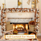 6 FT Fall Garland with Lights Automatic ON/Off Fall Leaves Mantle Garland with Pumpkins Berries Pinecones Outdoor Thanksgiving Christmas Autumn Centerpiece Decorations for Home Door Fireplace Porch