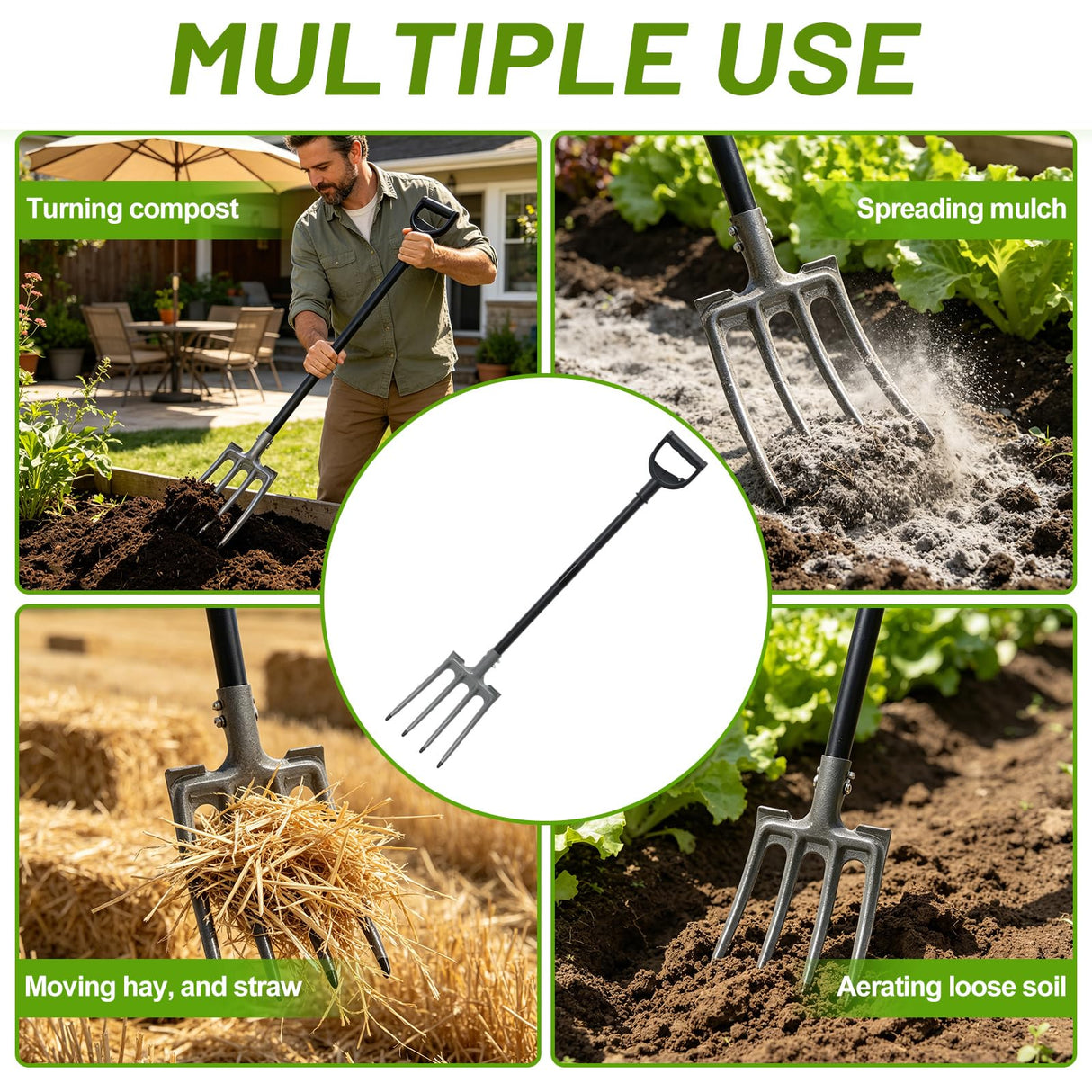 REILEIHODE Pitch Fork, 46 inch Garden Fork with Metal 4 Tines & Ergonomic D Handle, Heavy Duty Pitchforks for Gardening Digging Composting Soil Loosening