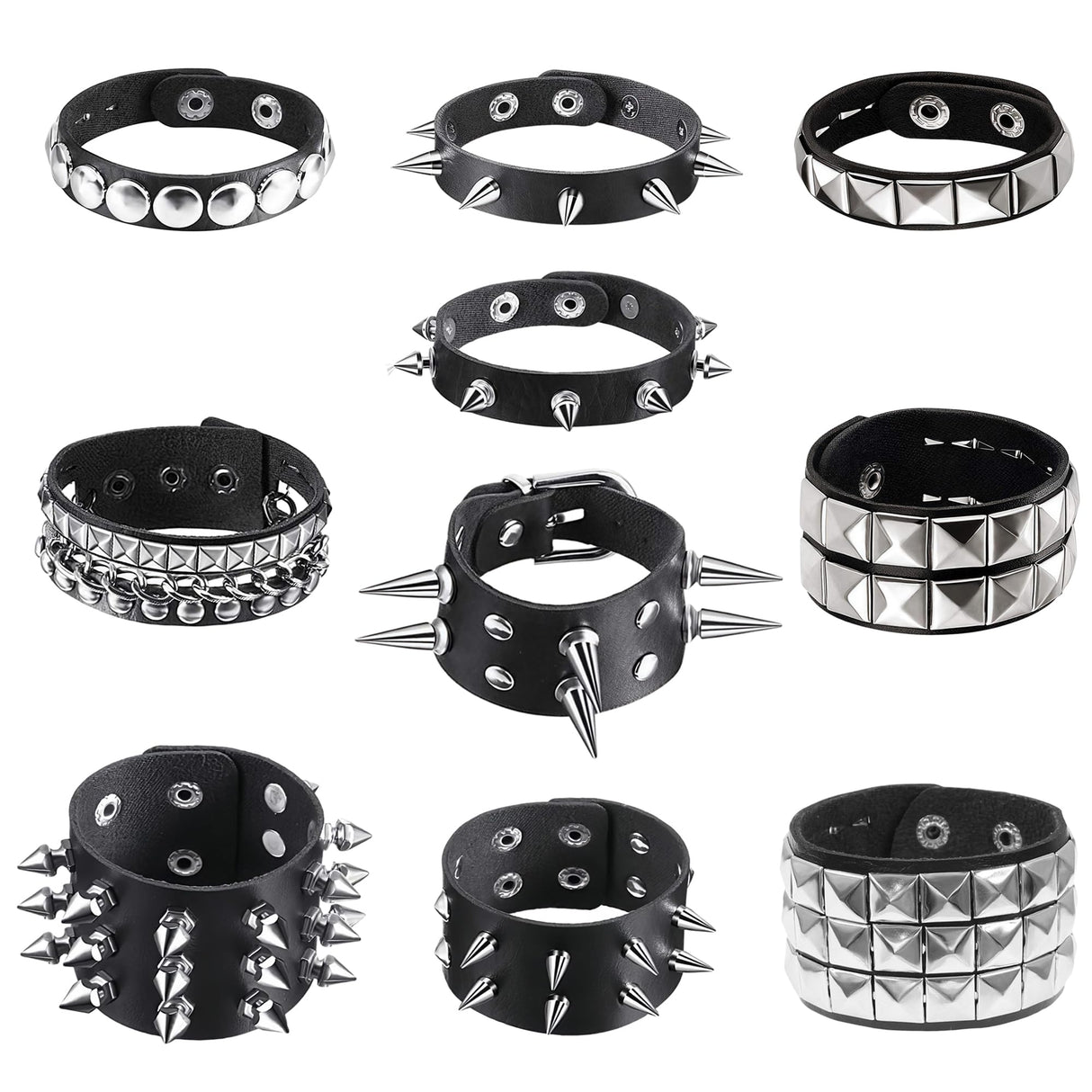 10 Pieces Studded Bracelet, Emo Spiked Bracelets Y2k Black Leather Rivet Punk Bracelet Rock Cuff Goth Bracelets Punk Accessories Halloween for Men Women