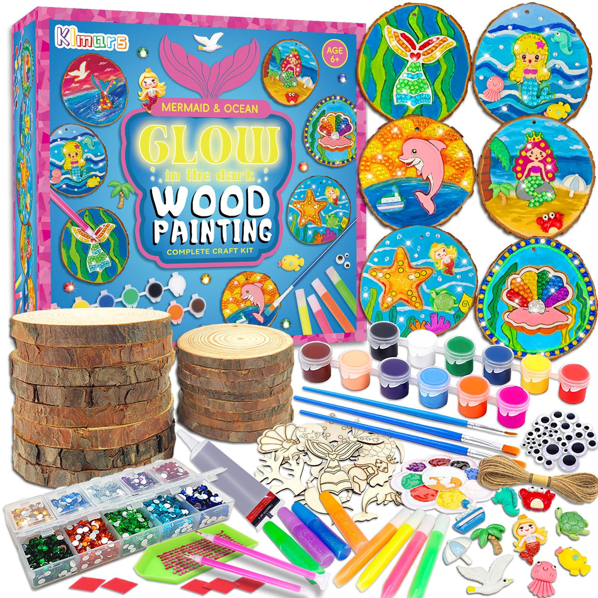 klmars Mermaid Themed Wooden Painting Kit-Glow in The Dark-Arts & Crafts Gifts for Kids Girls Ages 6-12-Wood Slice Craft Activities Kits -Mermaid Art Toys for Kids Christmas Gifts