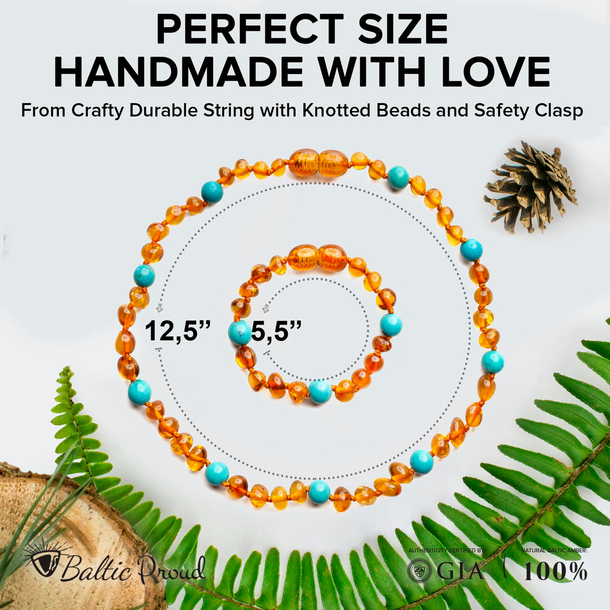 Baltic Amber Necklace & Bracelet Gift Set, Cognac Turquoise, 12.5"/5.5"