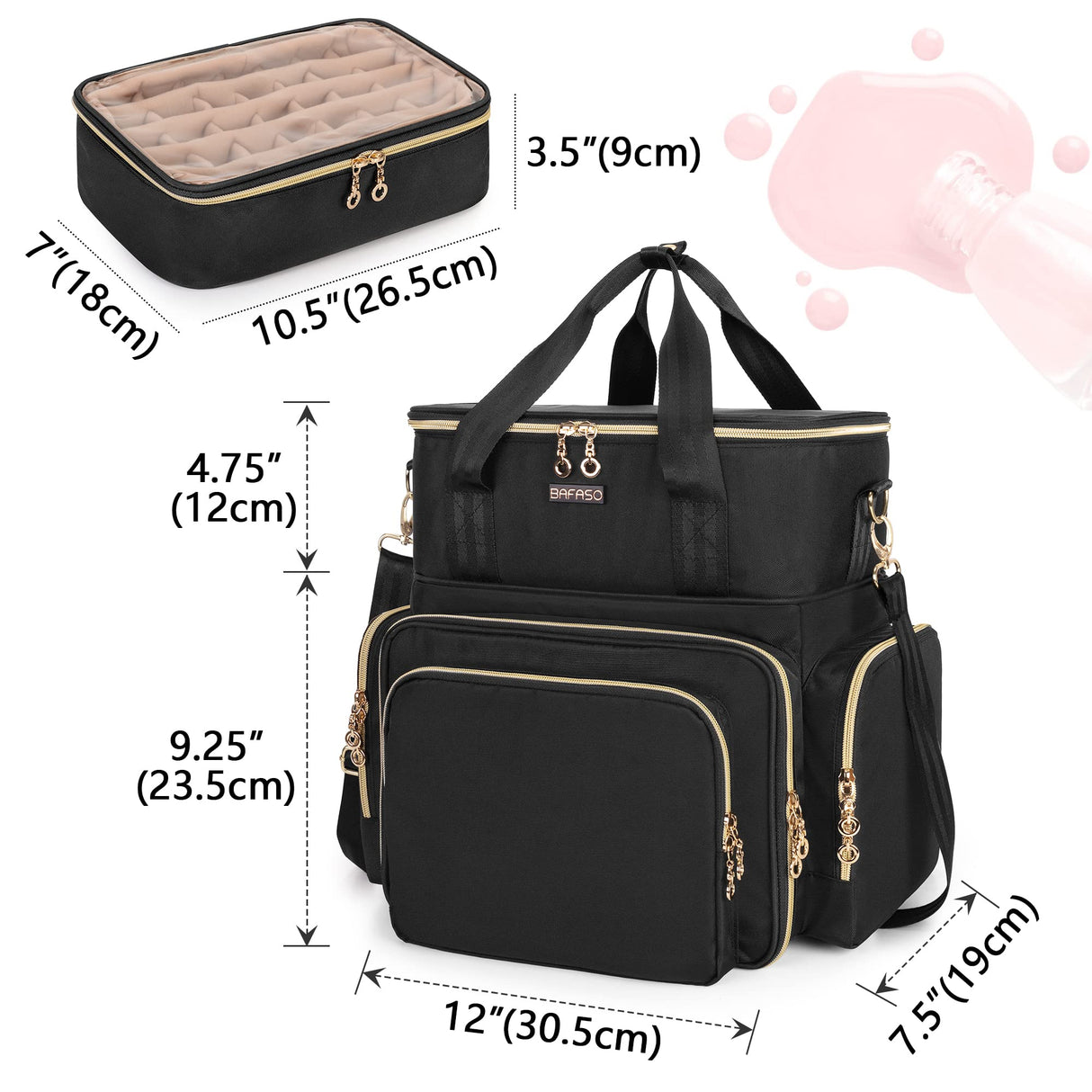 BAFASO Double Layer Nail Polish Organizer Holds 70 Bottles (15ml - 0.5 fl.oz) and a Nail Dryer, Nail Polish Case with 2 Removable Pouches and Tools Storage Sections (Patented), Black