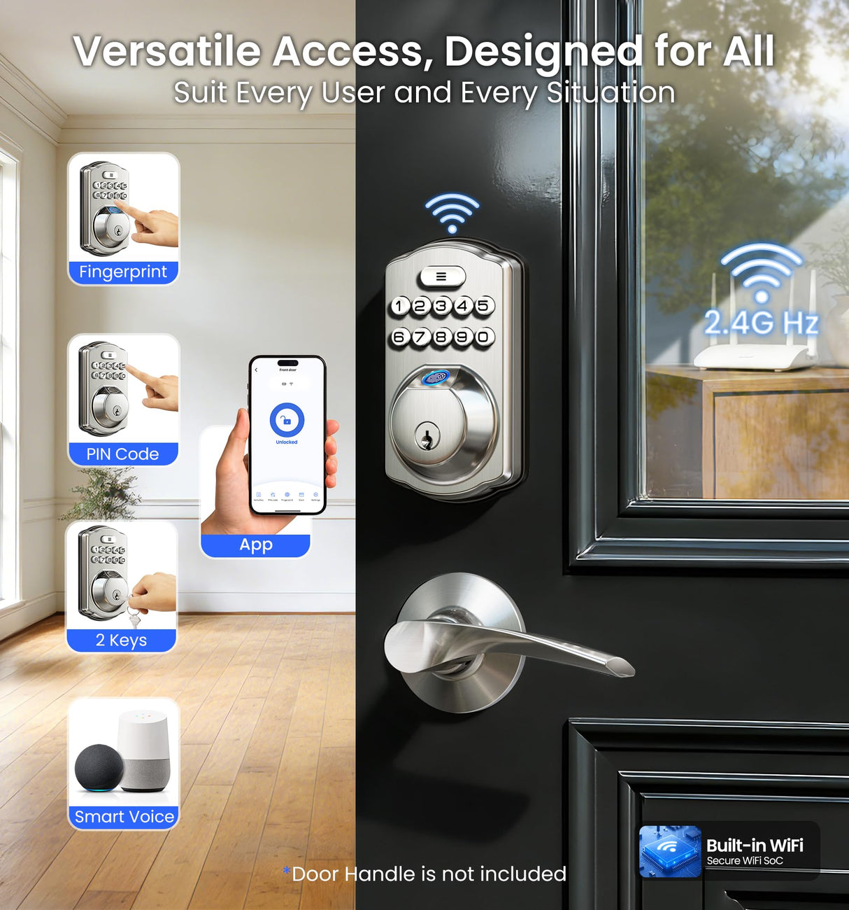 Veise VE012W Built-in WiFi Fingerprint Smart Lock, App Remote Control, Compatible with Alexa & Google Assistant, Keyless Entry for Front Door, Digital Keypad Deadbolt, Auto Lock, Satin Nickel