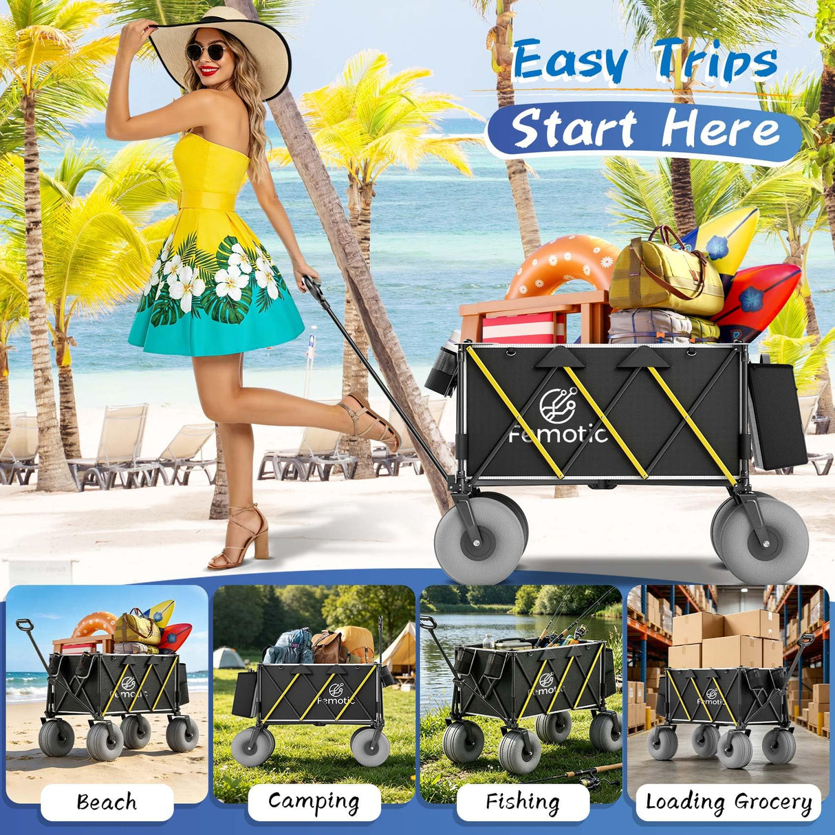 Beach Wagon with Big Wheels for Sand, 10.5" TPU All-Terrain Inflatable Wheels, Heavy Duty Folding Wagon, 150L Large Capacity, Collapsible Cart for Beach, Camping, Garden & Outdoor Sports (Black)