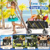 Beach Wagon with Big Wheels for Sand, 10.5" TPU All-Terrain Inflatable Wheels, Heavy Duty Folding Wagon, 150L Large Capacity, Collapsible Cart for Beach, Camping, Garden & Outdoor Sports (Black)