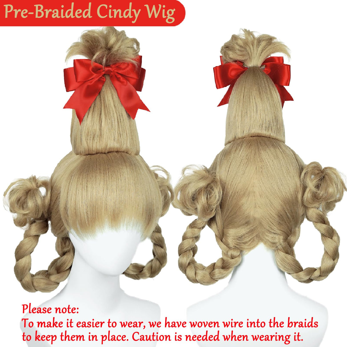 Blonde Braided Wig with Red-bow Earrings for Women Christmas Cindy Wig with Accessories for Halloween Christmas Costume Party