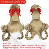 Blonde Braided Wig with Red-bow Earrings for Women Christmas Cindy Wig with Accessories for Halloween Christmas Costume Party