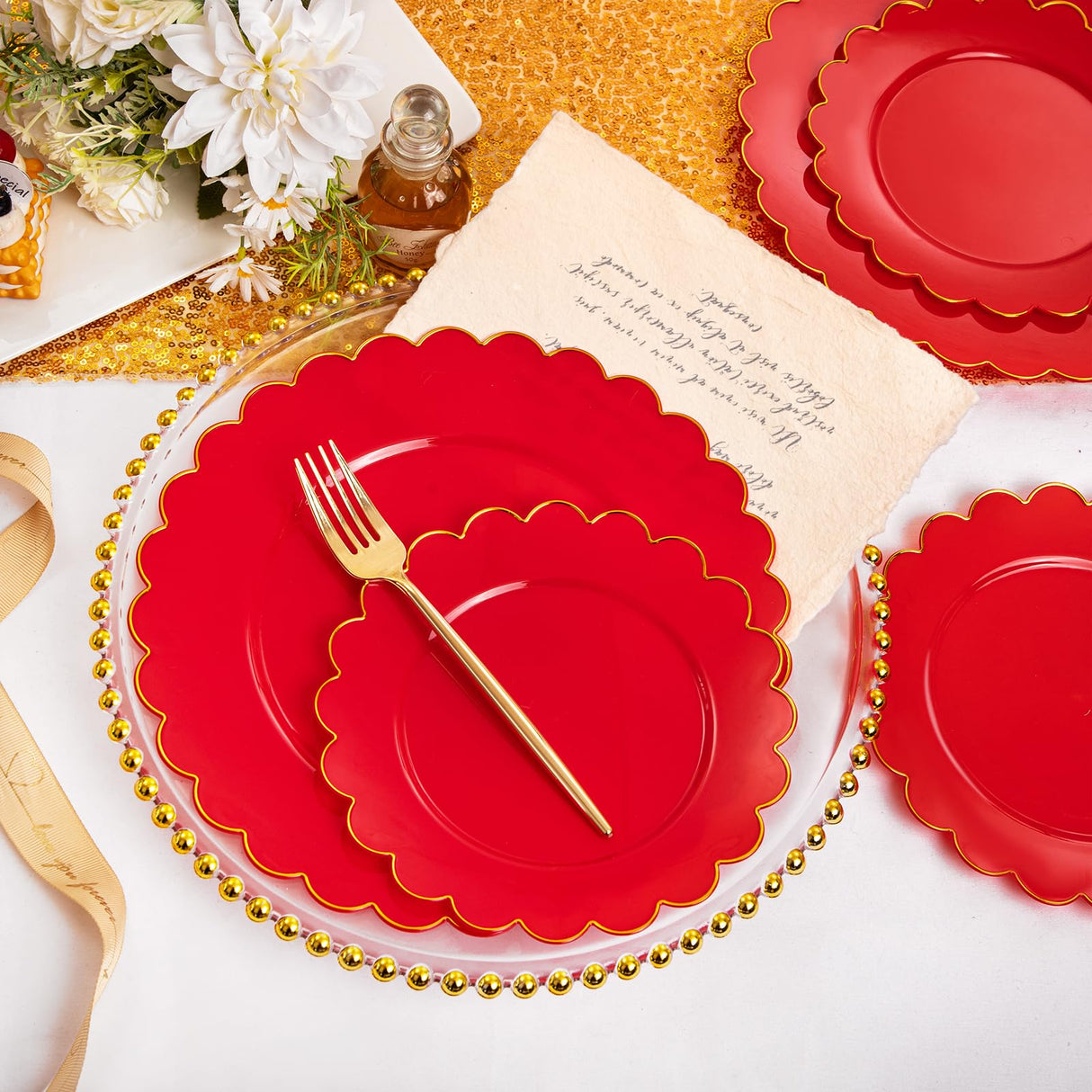 LIYH 60 Pcs Red Scalloped Plastic Christmas Plates with Gold Edge - Red Disposable Plates with Gold Rim Includes 30 Dessert & 30 Dinner Plate Dishes Tableware for Party Christmas Day