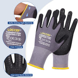 LOCCEF Work Gloves MicroFoam Nitrile Coated-12 Pairs,Endurance Seamless Knit Nylon,Dots on palm,Tacky Dot Grip Gloves (Black 12-Pairs, 8/M)