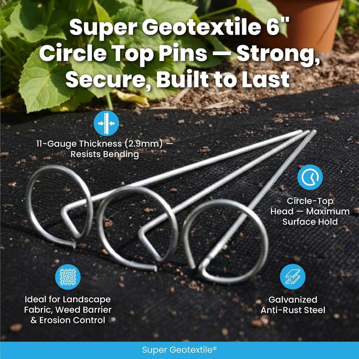 Super Geotextile Round Top Landscape Pins – 11 Gauge Heavy Duty 6 Inch Galvanized Steel Stakes for Landscape Fabric and Weed Barrier, 100 Pack