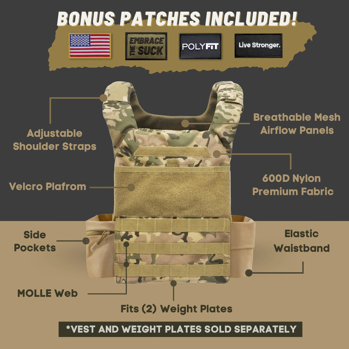 Polyfit (Fortify) Weighted Vest for Strength and Endurance Training, Fitness Workouts, Running, WODs - CAMO