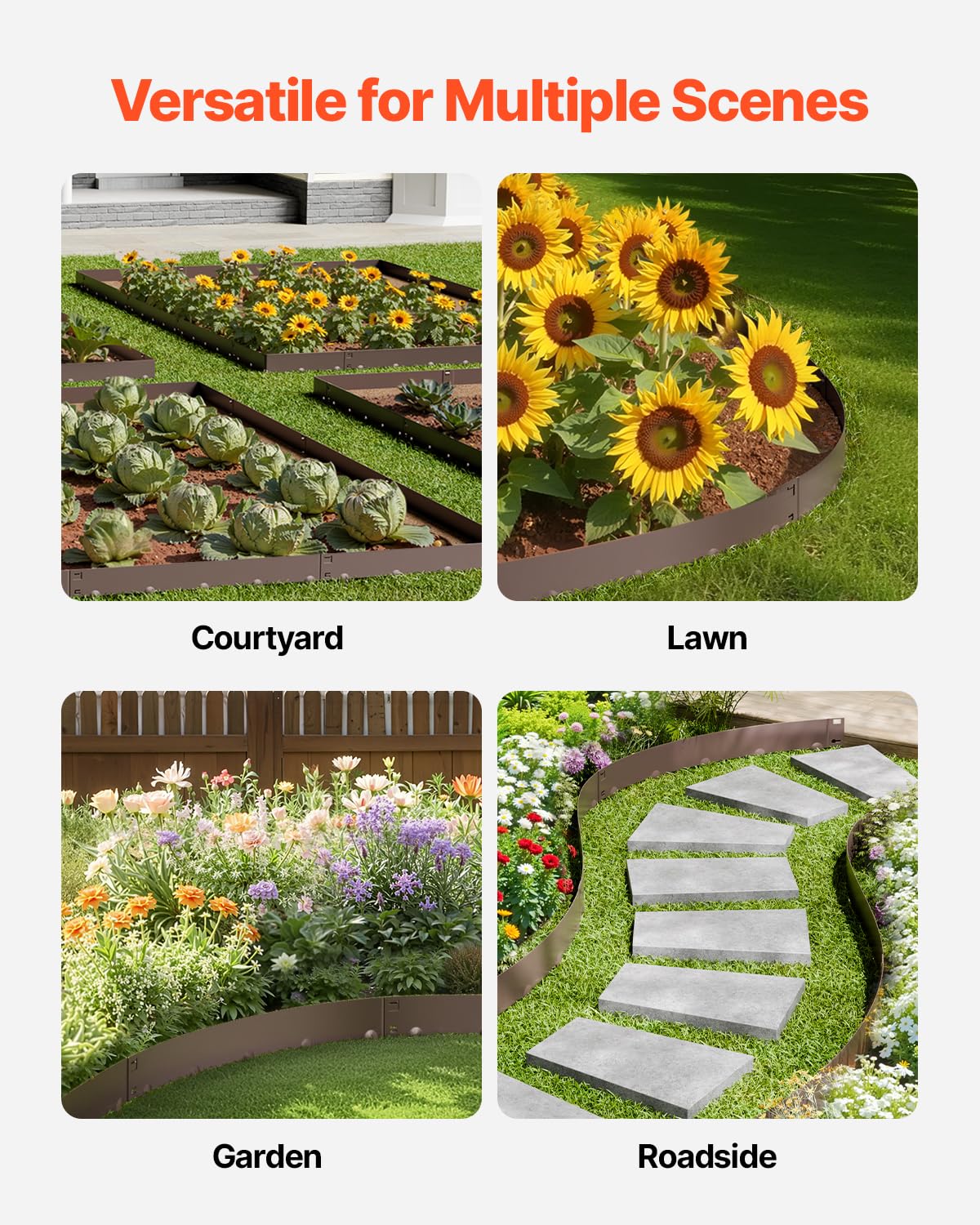 VEVOR Steel Landscape Edging, 5 Packs 39 x 3 in Rust-Resistant Metal Landscape Edging, Bendable Garden Edging Border, Heavy Duty Lawn Edging, Easy-to-Install, Flower Bed Yard Pathway Divider Brown