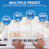 Pyle Electric Piano, 37-Key Music Keyboard, Built-in Stereo Speakers, Rechargeable Battery, Wired Microphone, Portable Design, Tones, 200 Rhythms (PKBRD37WT)
